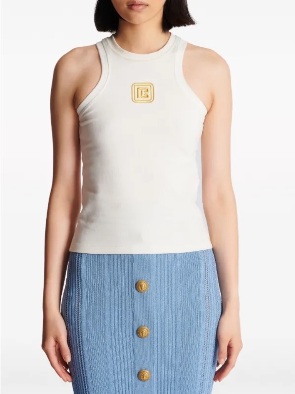 Balmain Cream Ribbed Racerback Tank with Gold Emblem